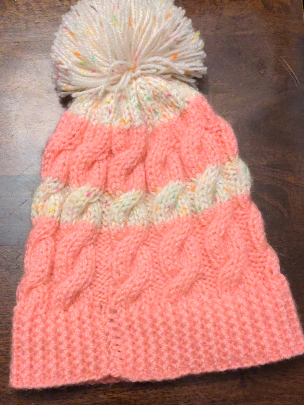 Handmade Kids Pom-Pom Cable Knit Beanie - Pink & Cream